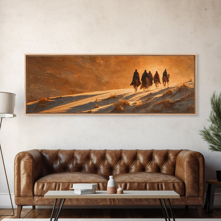 Golden Caravan Light, Framed Canvas Print, Christian Christmas Art, Panoramic Wall Art, Christian Art Canvas, Jesus Painting, Christmas Wal