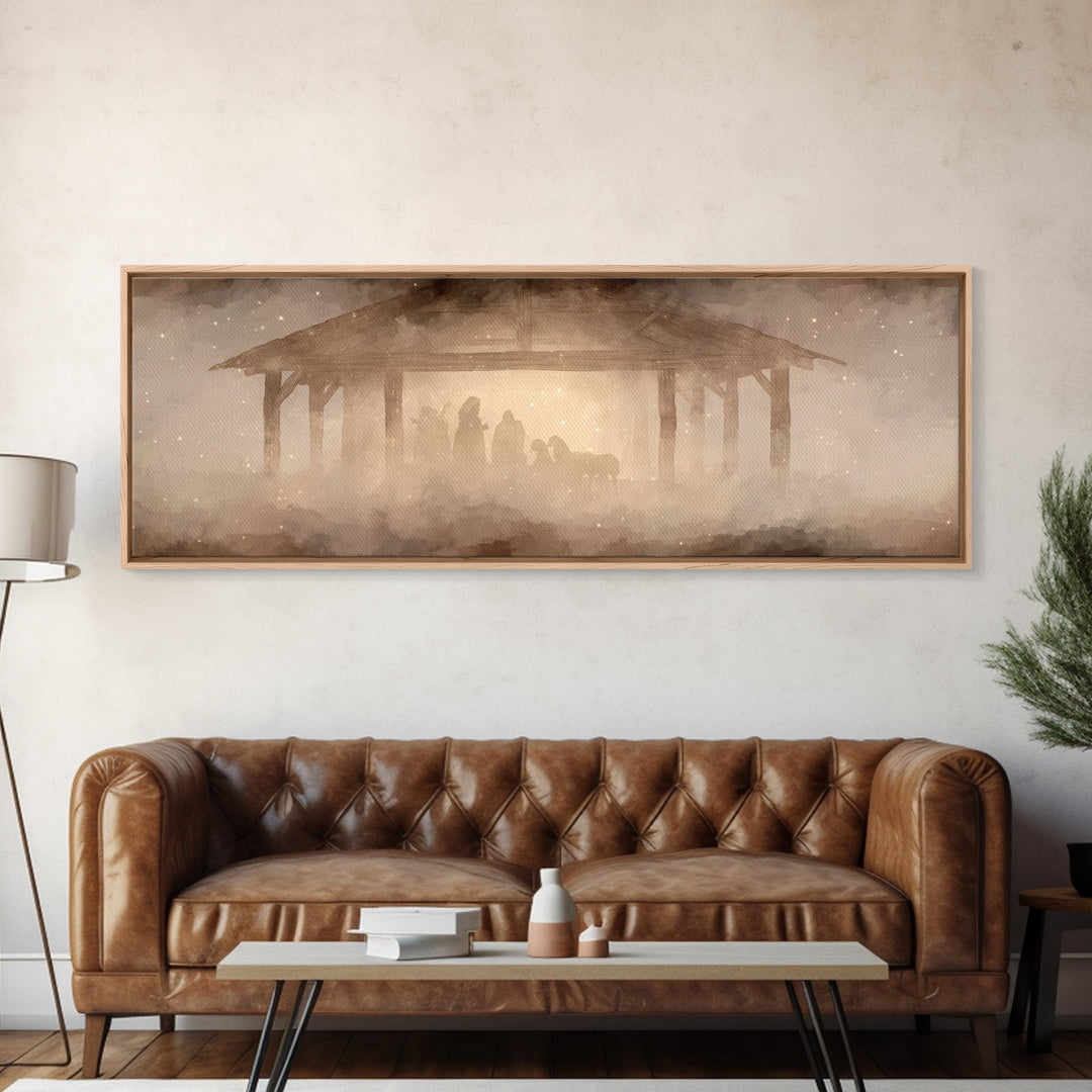 Glory In The Stable | Framed Canvas Print | Christian Wall Art | Christian Art Canvas | Extra Wide Art | Christmas Art | Christian Painting