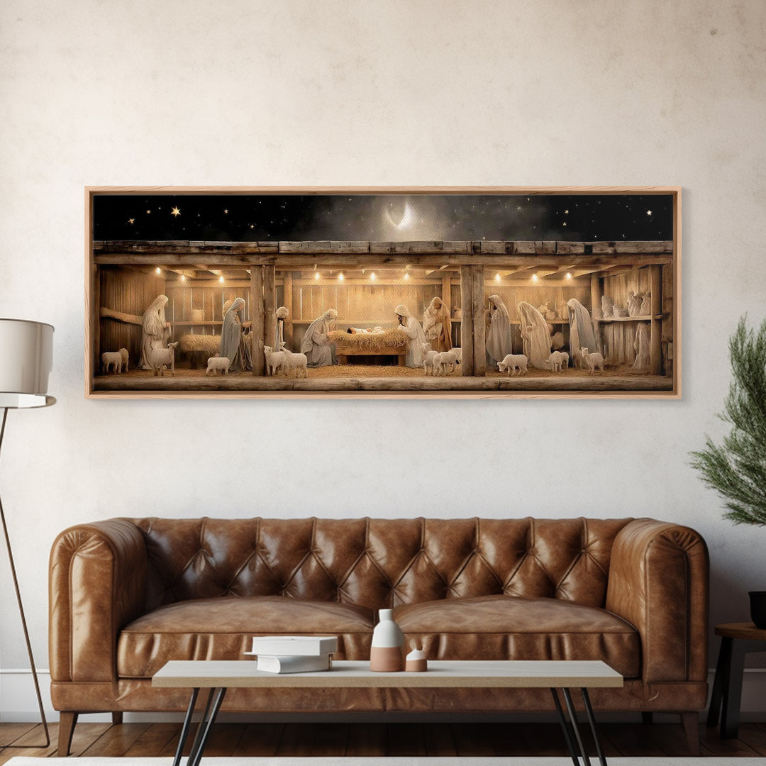 Nativity Serenity – Framed Canvas Print – Christian Wall Art – Christian Art Canvas – Panoramic Frame – Christmas Art – Christian Christmas