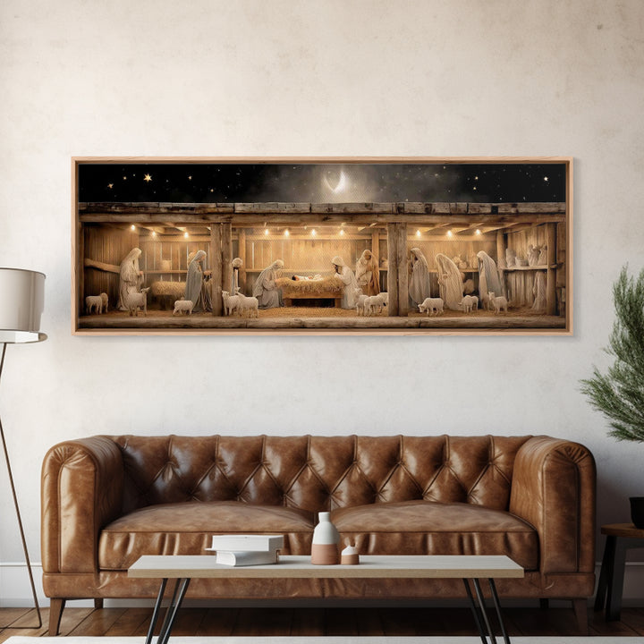 Nativity Serenity – Framed Canvas Print – Christian Wall Art – Christian Art Canvas – Panoramic Frame – Christmas Art – Christian Christmas