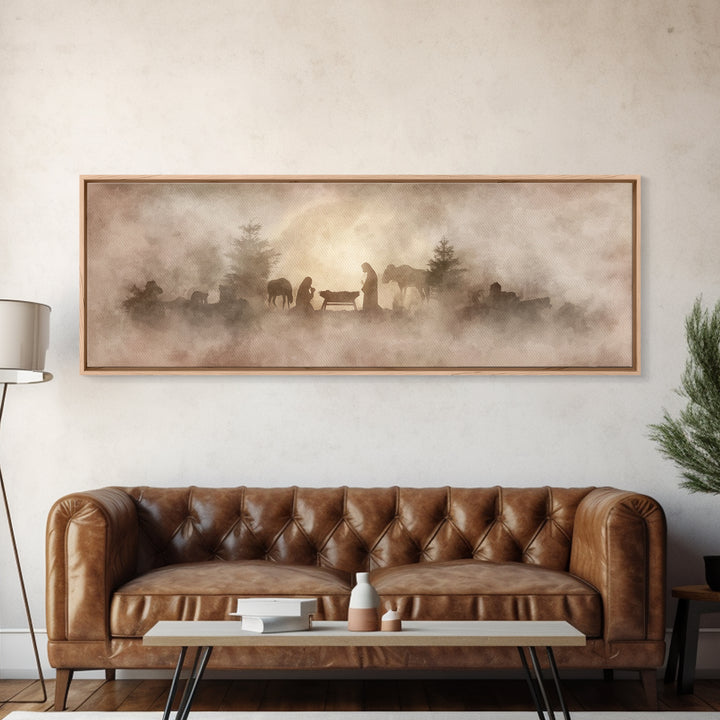 Manger In The Mist, Framed Canvas Print, Panoramic Art, Christian Wall Art, Christian Art Canvas, Christmas Art, Christian Decor, Jesus Pai