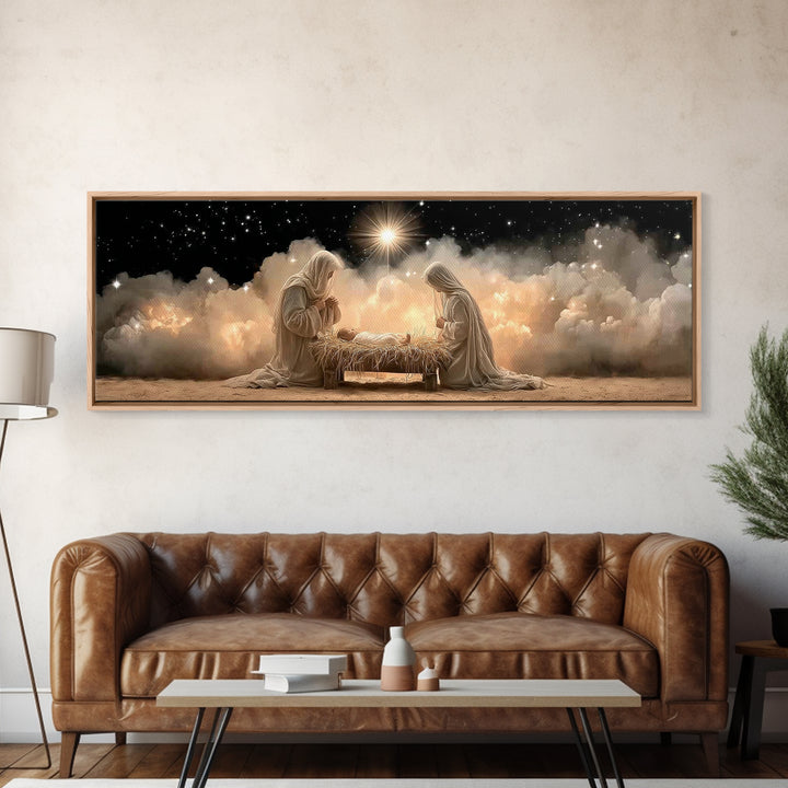 Celestial Manger Peace – Framed Canvas Print – Panoramic Art – Christian Wall Art – Christian Art Canvas – Christmas Art – Jesus Painting –