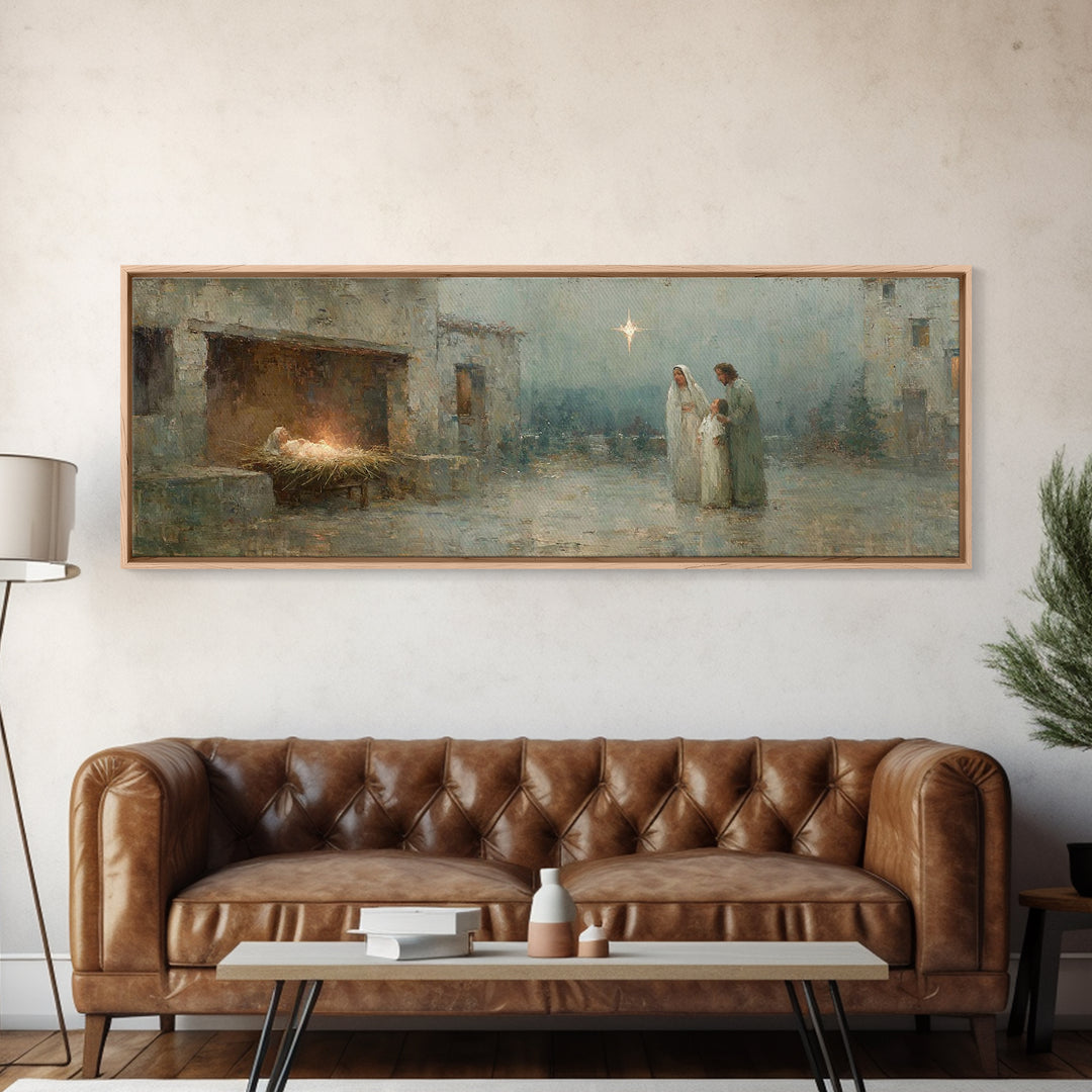 Bethlehem Evening, Framed Canvas Print, Christian Wall Art, Christian Christmas Art, Panoramic Painting, Christian Art Canvas, Jesus Painti