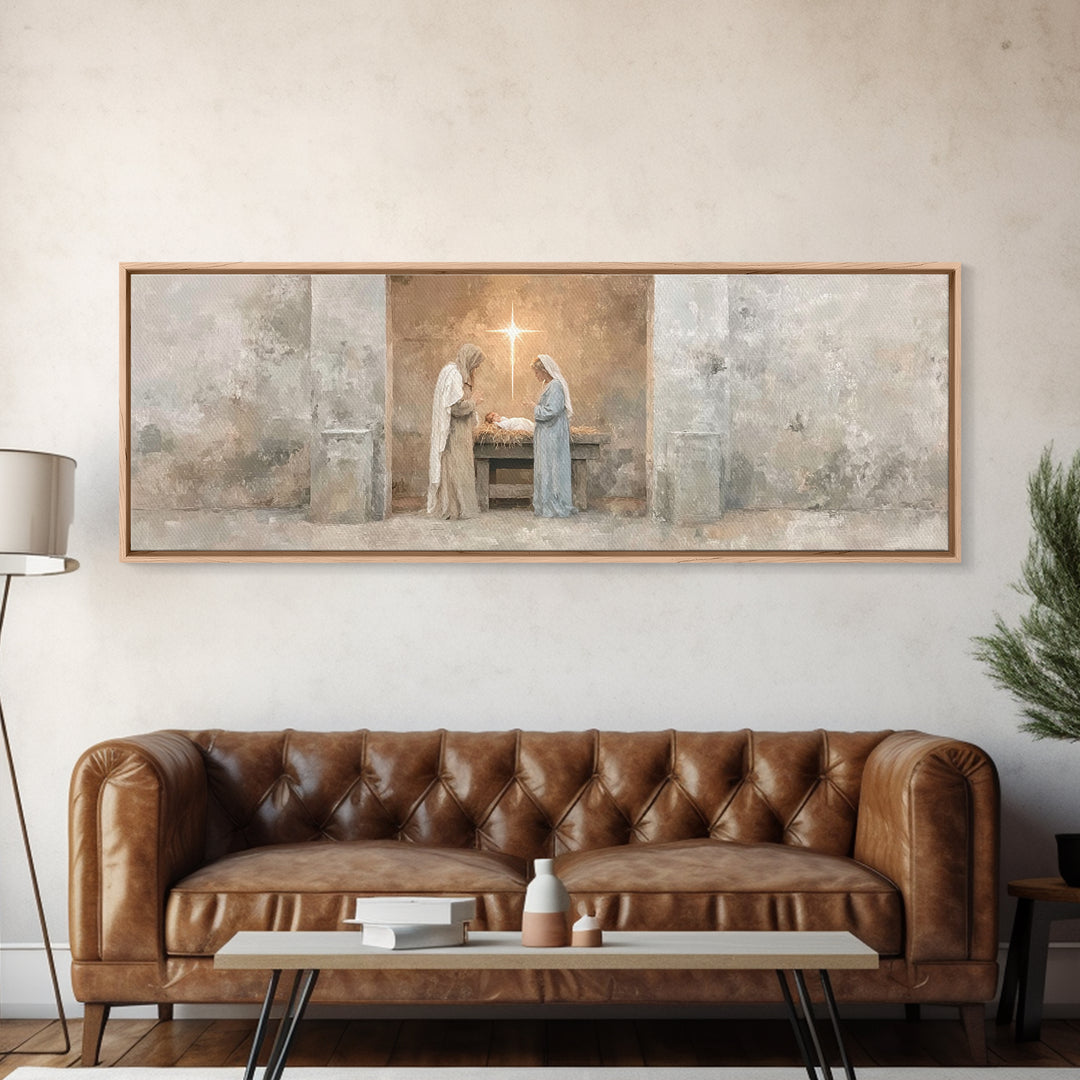 Humble Manger Peace – Framed Canvas Print – Christian Wall Art – Christmas Art – Panoramic Print – Christian Art Canvas – Christian Decor