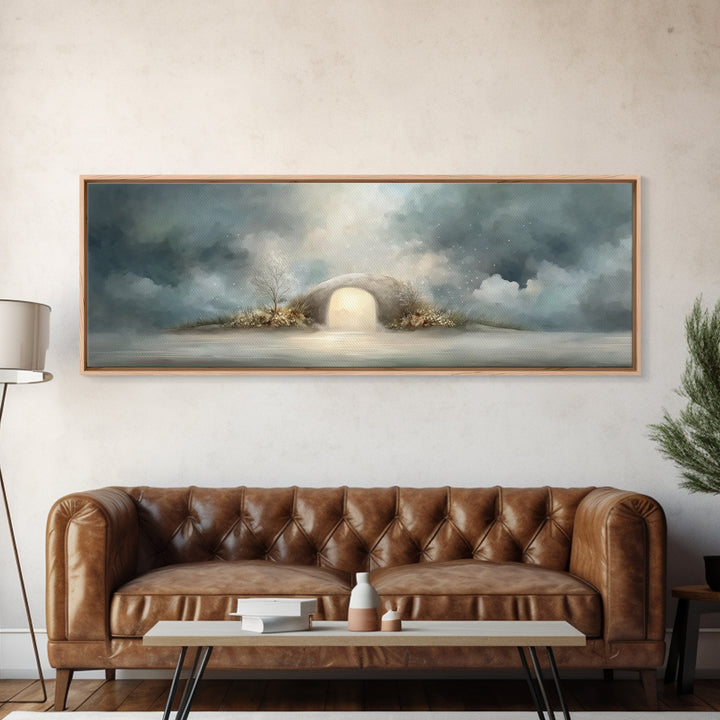 Heavenly Tomb Glow | Framed Canvas Print | Christian Wall Art | Christian Art Canvas | Christian Painting | Panoramic Wall Art | Christmas