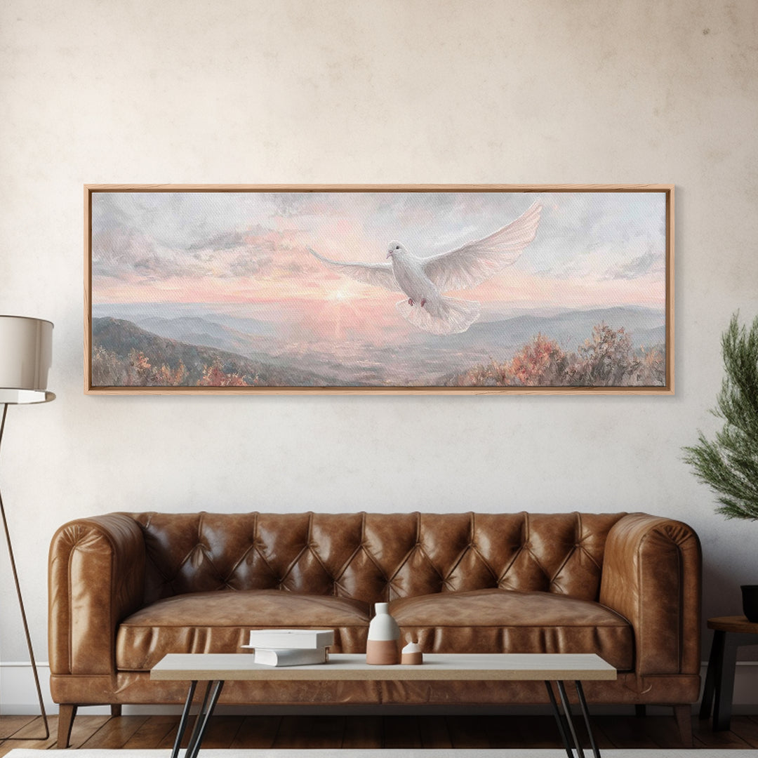 Morning Dove Light | Framed Canvas Print | Christian Wall Art | Christian Art Canvas | Panoramic Print | Christian Decor