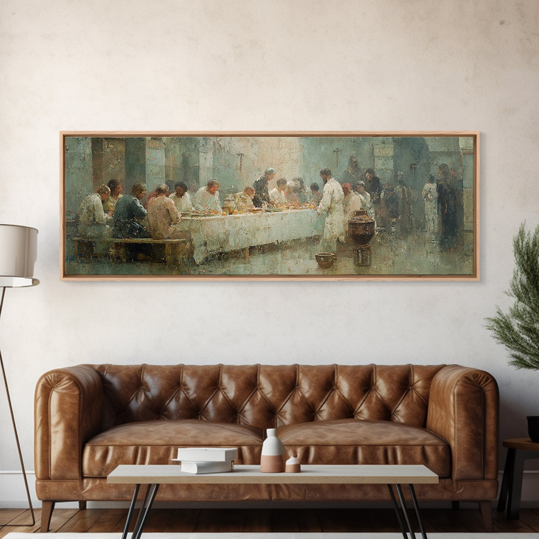 Table Of Fellowship, Framed Canvas Print, Christian Wall Art, Christian Art Canvas, Panoramic Frame, Christian Christmas Art