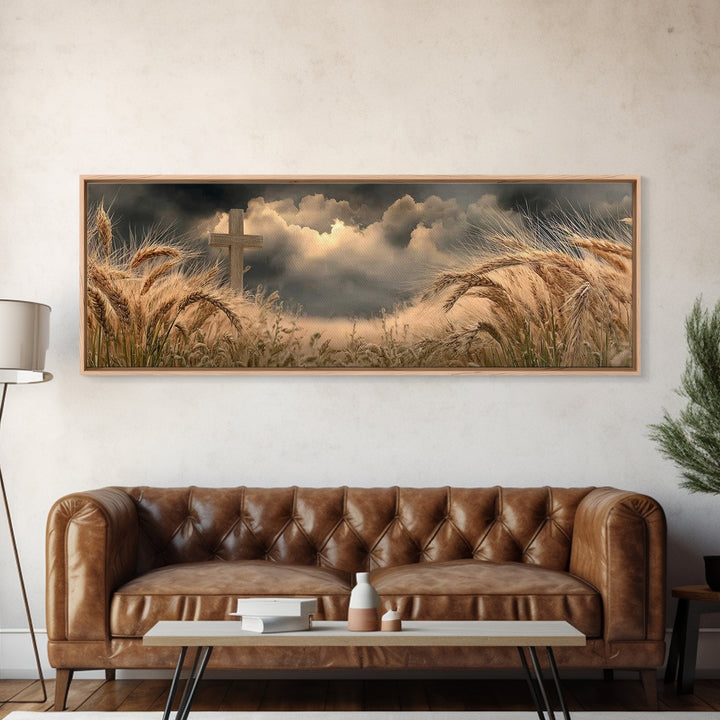 Wheatland Cross | Framed Canvas Print | Christian Wall Art | Christian Art Canvas | Panoramic Painting | Christian Art Gift