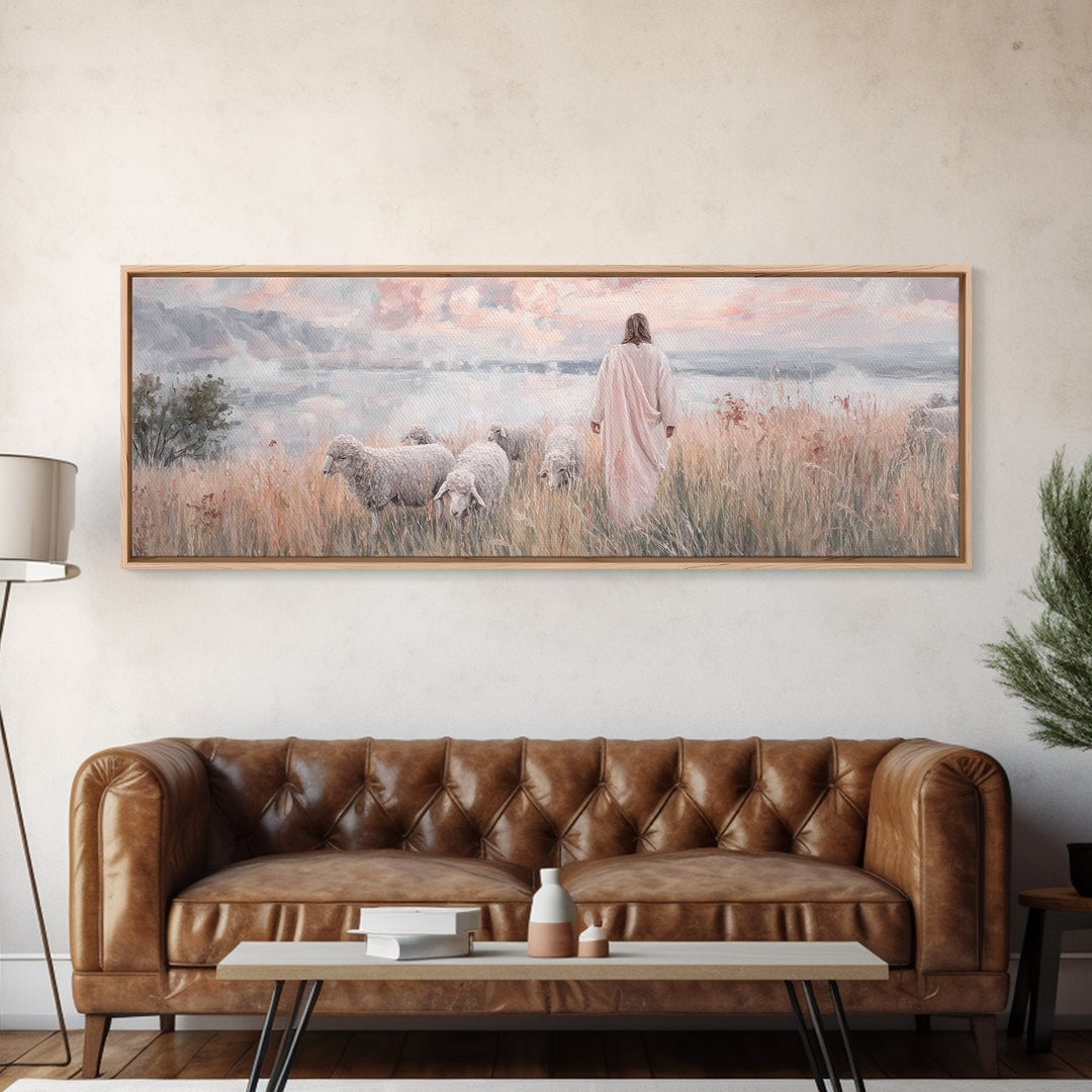 Pastures Of Grace – Framed Canvas Print – Christian Wall Art – Panoramic Art – Jesus Painting – Christian Art Canvas – Christian Decor – Ch