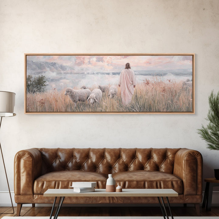 Pastures Of Grace – Framed Canvas Print – Christian Wall Art – Panoramic Art – Jesus Painting – Christian Art Canvas – Christian Decor – Ch