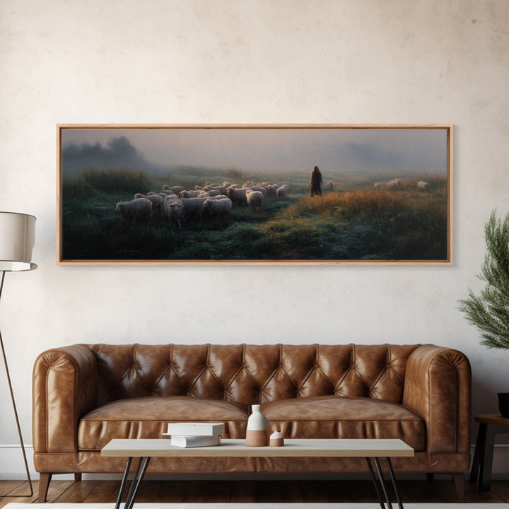 Morning Shepherd Light – Framed Canvas Print – Panoramic Print – Christian Wall Art – Jesus Painting – Christian Art Canvas – Christian Chr