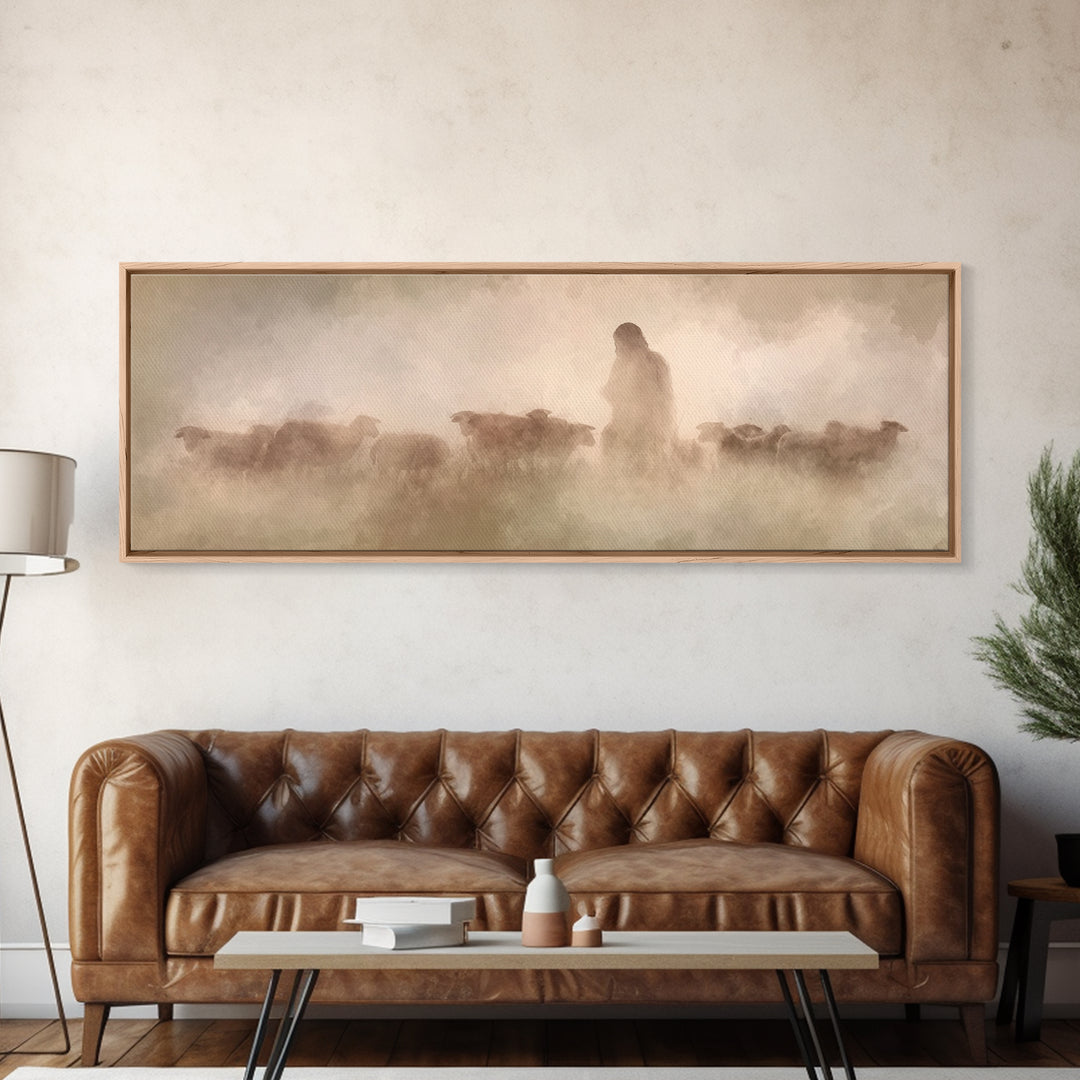 Guiding Shepherd | Framed Canvas Print | Panoramic Wall Art | Christian Art Canvas | Jesus Painting | Christian Decoration | Christian Gift