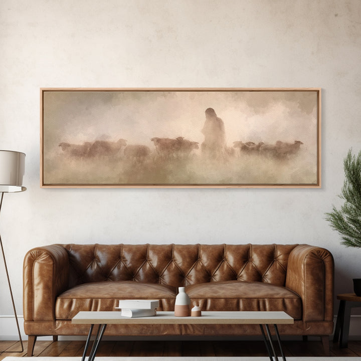 Guiding Shepherd | Framed Canvas Print | Panoramic Wall Art | Christian Art Canvas | Jesus Painting | Christian Decoration | Christian Gift