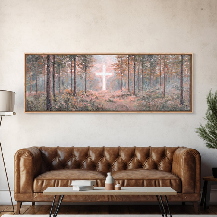Forest Cross Light, Framed Canvas Print, Panoramic Wall Art, Christian Wall Art, Jesus Painting, Christian Canvas, Christian Art, Faith Art