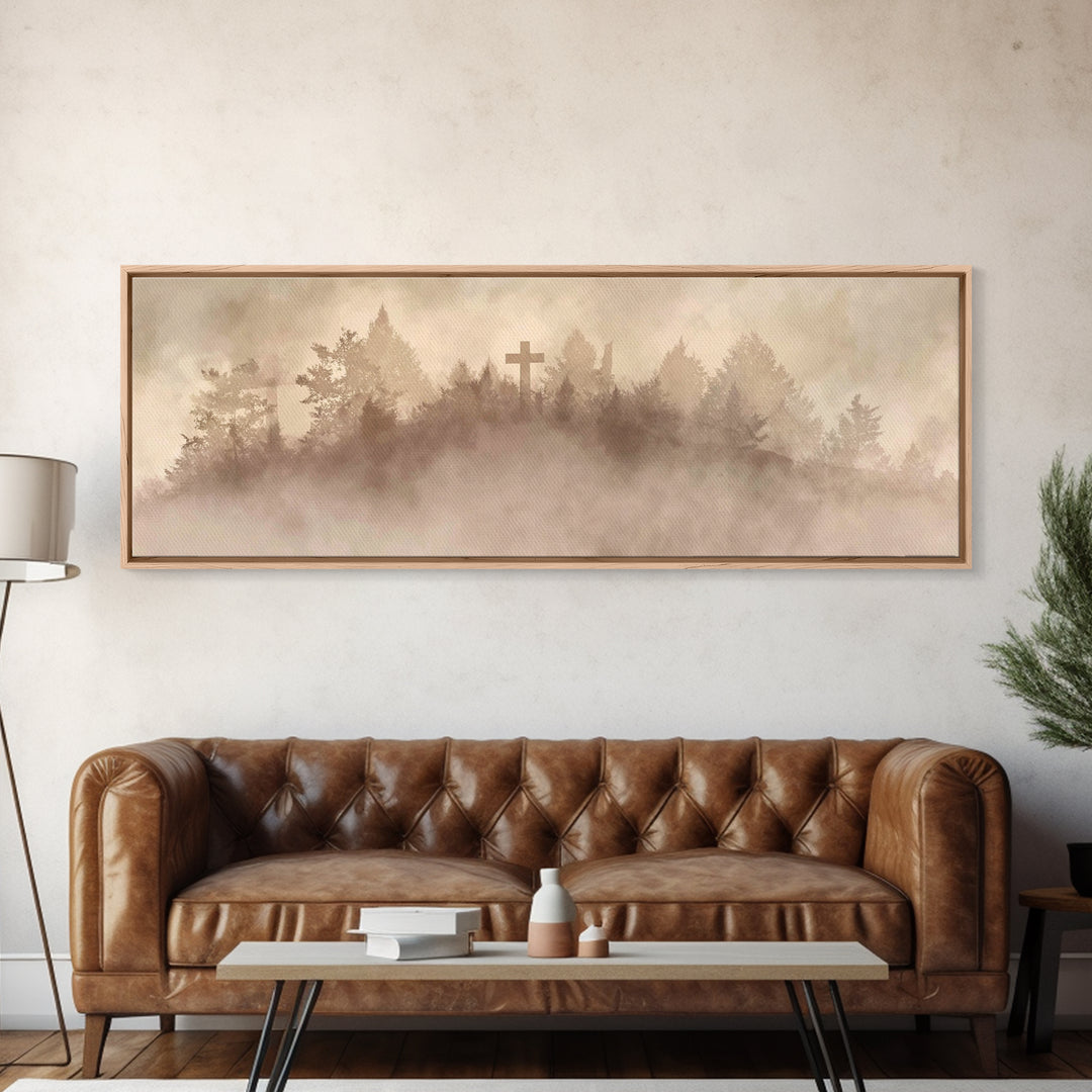 Silent Summit Cross - Framed Canvas Print - Panoramic Art - Christian Wall Art - Christian Art Canvas - Jesus Painting - Christian Christma