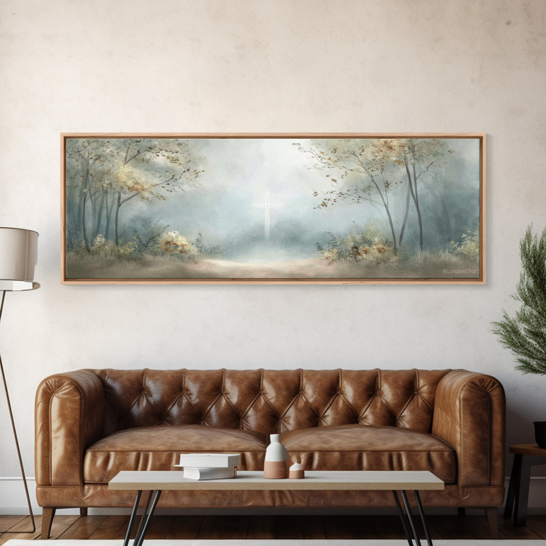 Gentle Morning Cross | Framed Canvas Print | Panoramic Wall Art | Christian Art Canvas | Christian Wall Art | Jesus Painting | Christian De