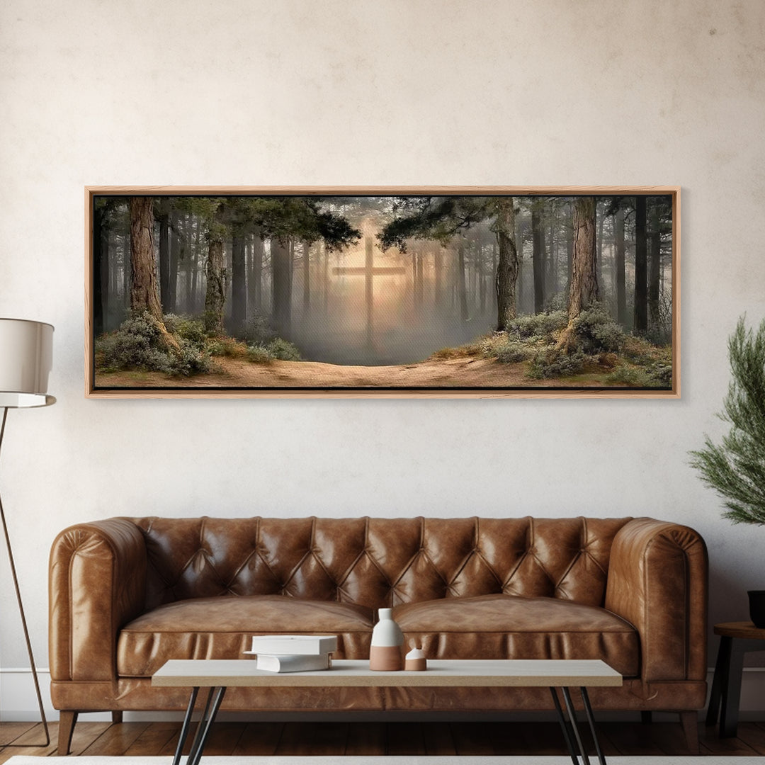 Heavenly Forest Glow, Framed Canvas Print, Panoramic Painting, Christian Wall Art, Christian Canvas, Jesus Painting, Modern Christian Art