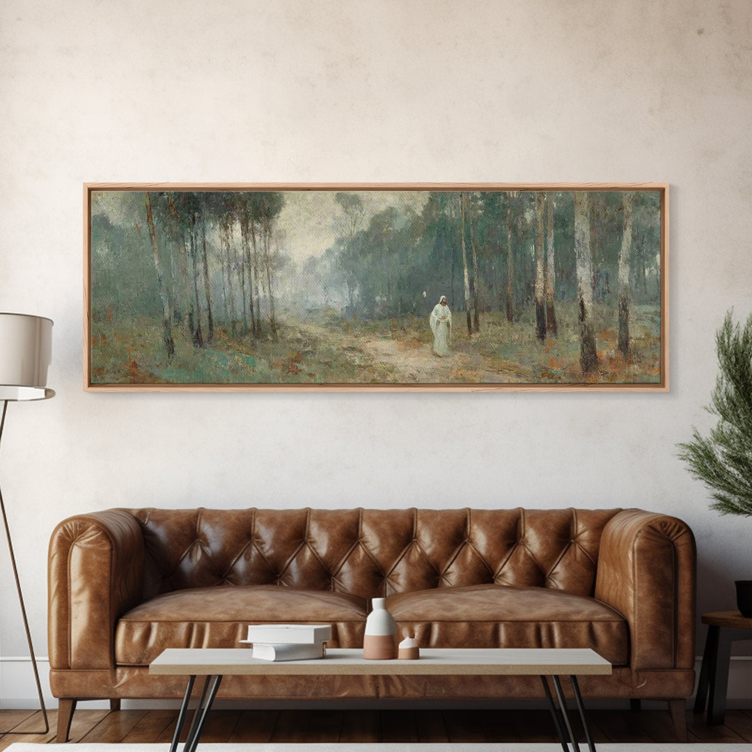 Quiet Woodland Savior, Framed Canvas Print, Panoramic Wall Art, Christian Art Canvas, Christian Wall Art, Jesus Painting, Christian Christm