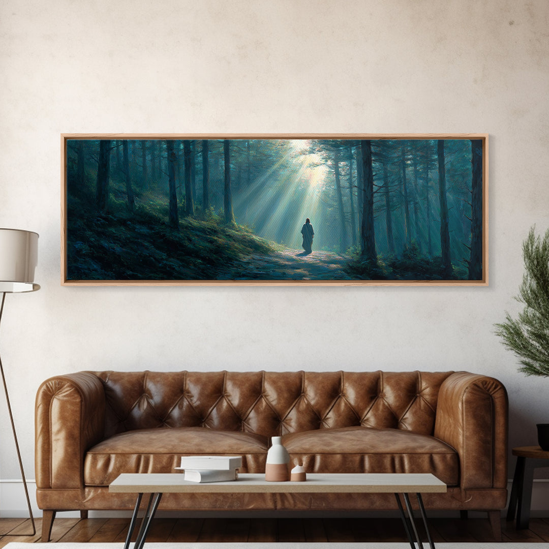 Path Of Divine Light, Framed Canvas Print, Panoramic Wall Art, Christian Wall Art, Jesus Painting, Christian Art Canvas, Modern Christian A