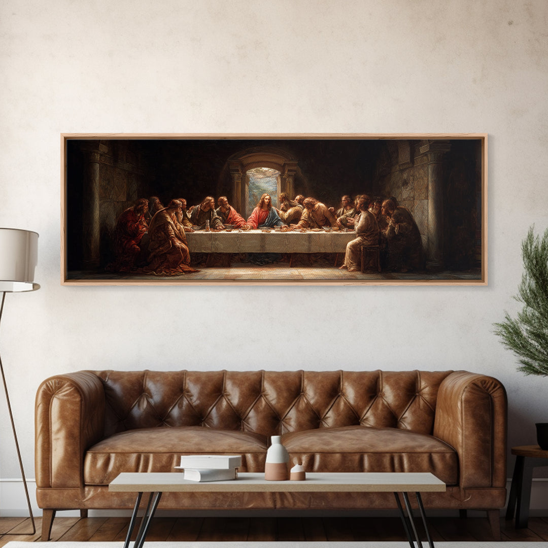 Sacred Supper Moment, Framed Canvas Print, Panoramic Painting, Christian Wall Art, Jesus Painting, Christian Art Canvas, Modern Christian A