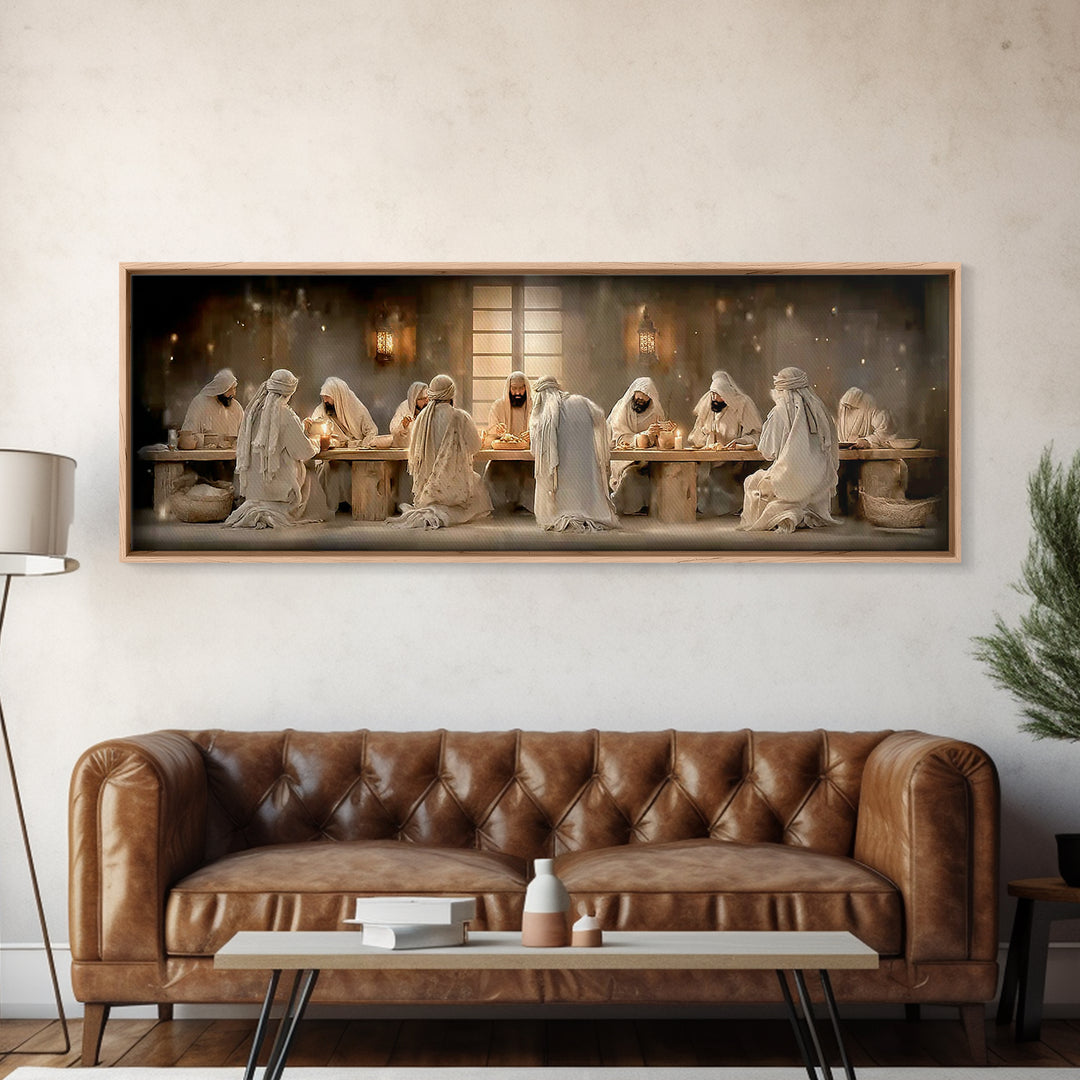 Lantern Lit Gathering | Framed Canvas Print | Panoramic Painting | Christian Wall Art | Jesus Canvas Art | Christian Christmas Art | Christ