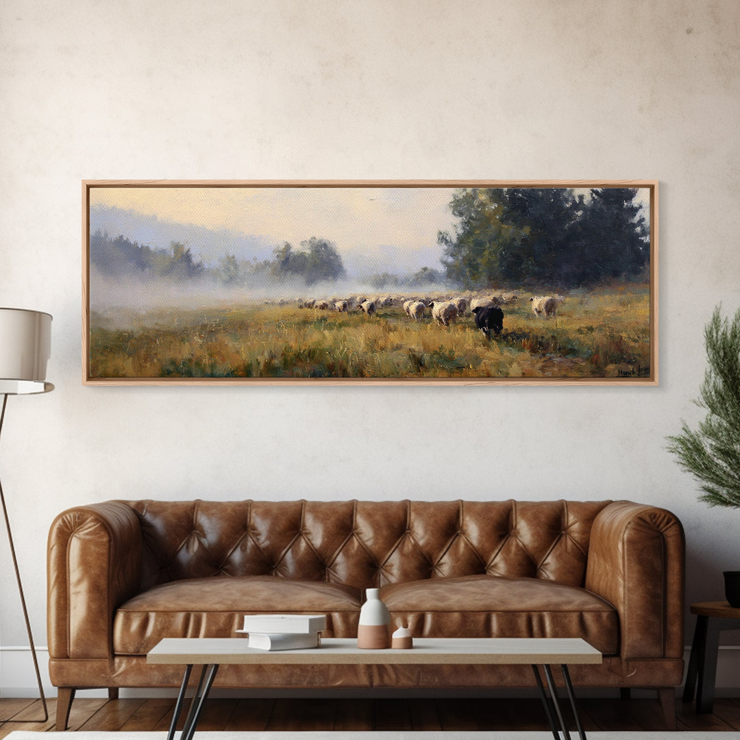 Morning Shepherd Path – Framed Canvas Print – Panoramic Art – Christian Painting – Christian Art Canvas – Christian Decor – Large Christian