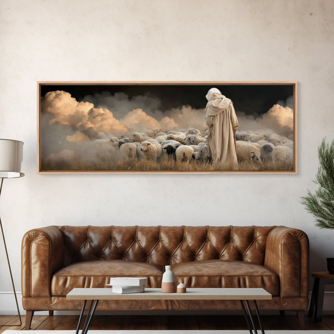 Guardian Of Flock – Framed Canvas Print – Panoramic Art – Jesus Canvas Art – Christian Wall Art – Christian Christmas Decor – Christian Pai