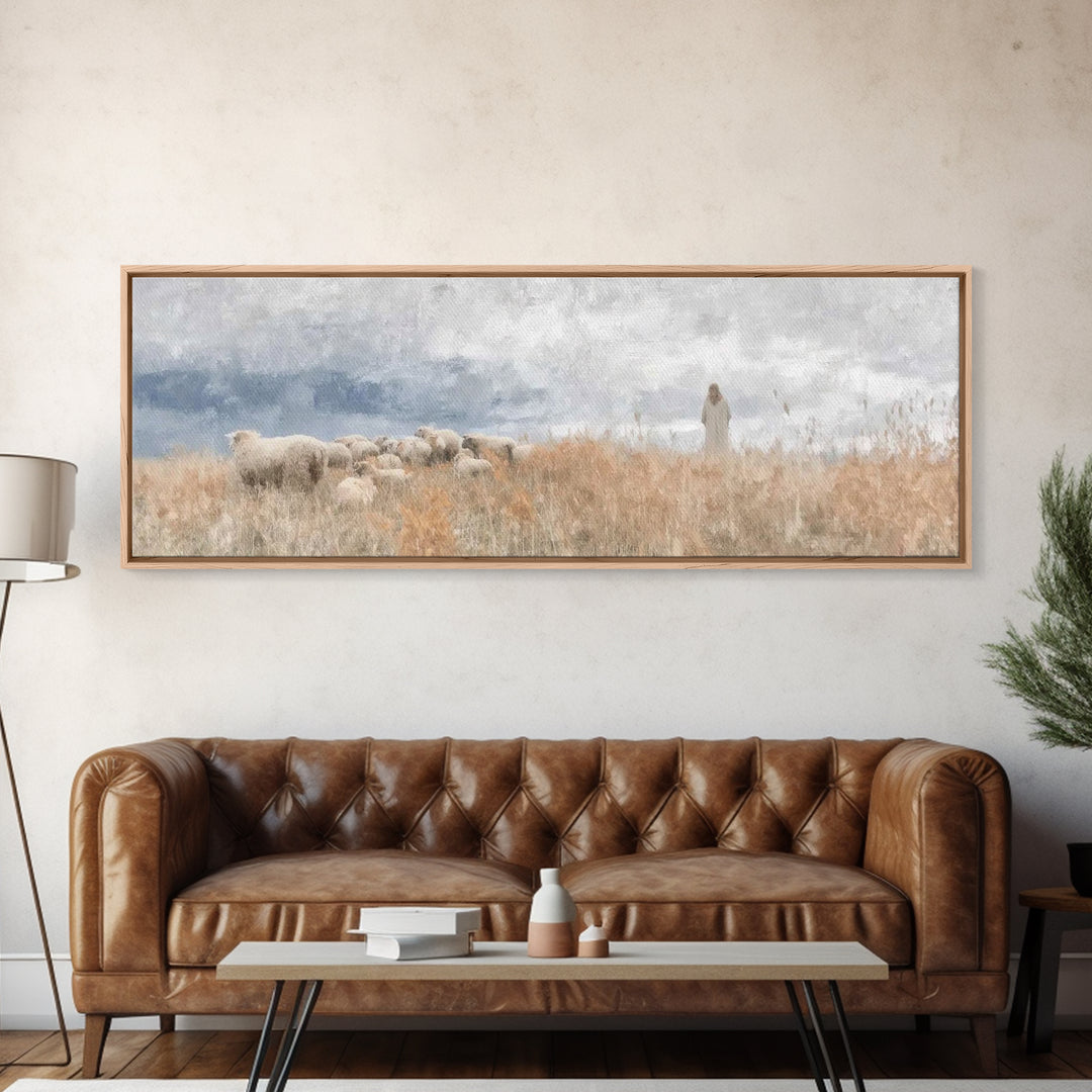 Shoreline Shepherd Dawn | Framed Canvas Print | Panoramic Frame | Christian Art Canvas | Jesus Painting | Christian Wall Art | Subtle Chris