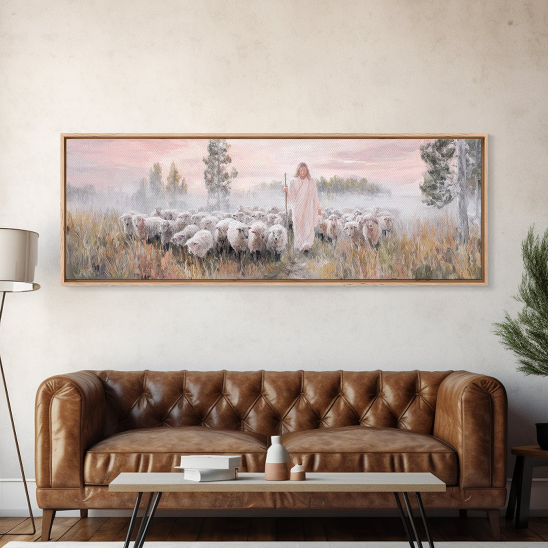 Radiant Shepherd Light, Framed Canvas Print, Panoramic Wall Art, Jesus Canvas Art, Christian Art, Christian Christmas Art, Modern Christian