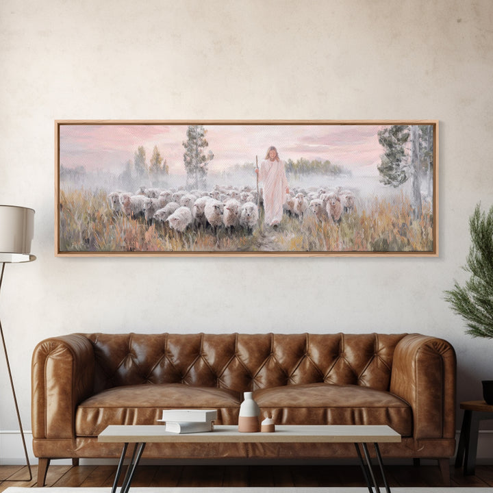 Radiant Shepherd Light, Framed Canvas Print, Panoramic Wall Art, Jesus Canvas Art, Christian Art, Christian Christmas Art, Modern Christian