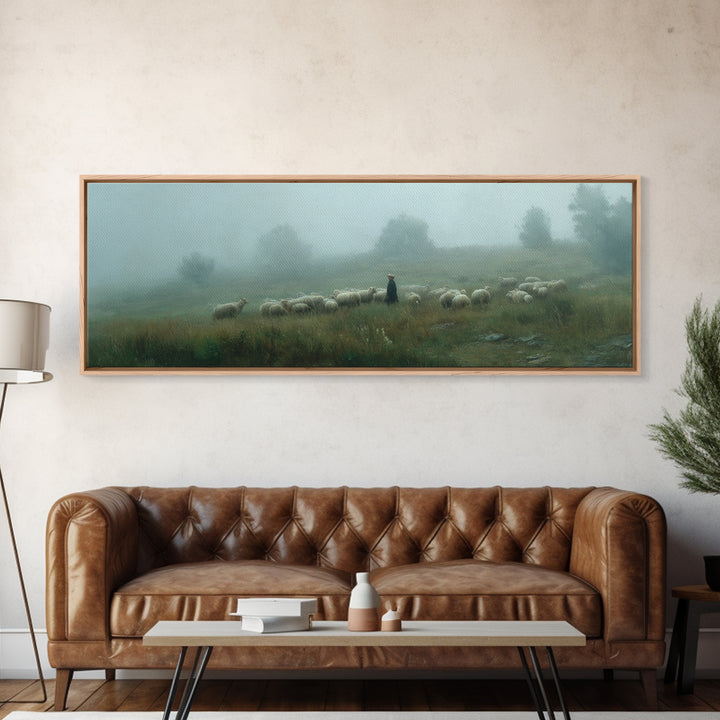 Shepherds In Mist | Framed Canvas Print | Panoramic Art | Christian Wall Art | Christian Art Canvas | Jesus Painting | Subtle Christian Art