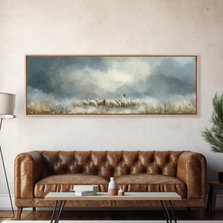 Starry Night Flock – Framed Canvas Print – Panoramic Wall Art – Christian Art Canvas – Christian Christmas Art – Jesus Painting – Christian