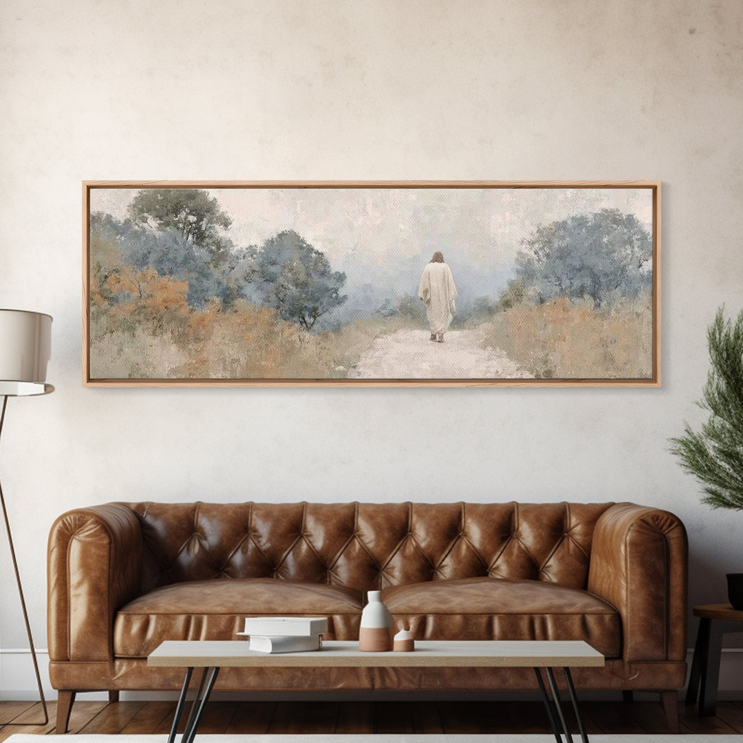 Quiet Garden Walk, Framed Canvas Print, Panoramic Wall Art, Christian Art Canvas, Modern Christian Painting, Christian Gift Ideas, Christia