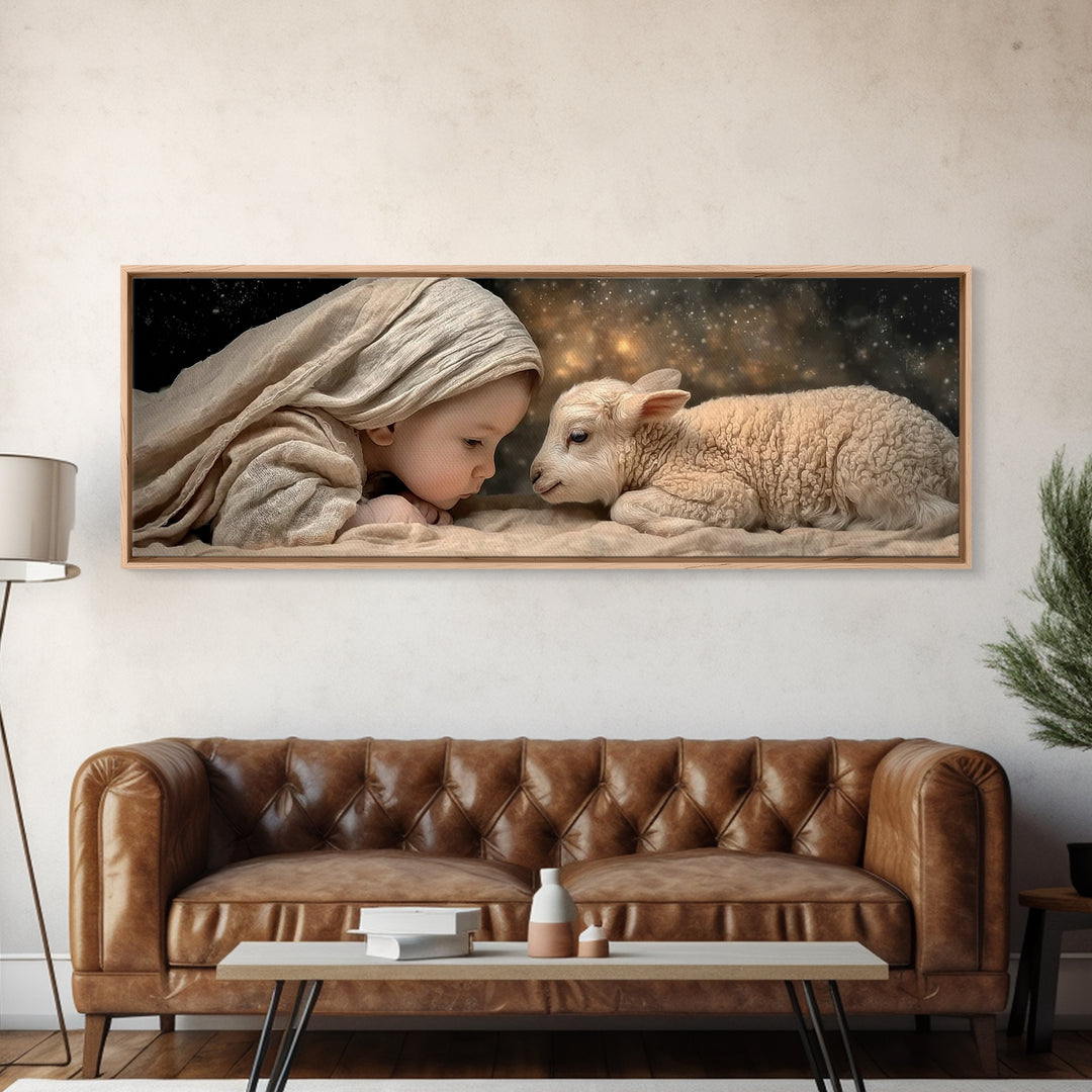 Little Lamb Blessing – Framed Canvas Print – Christian Painting – Panoramic Wall Art – Christmas Art – Christian Art Gift – Christian Decor