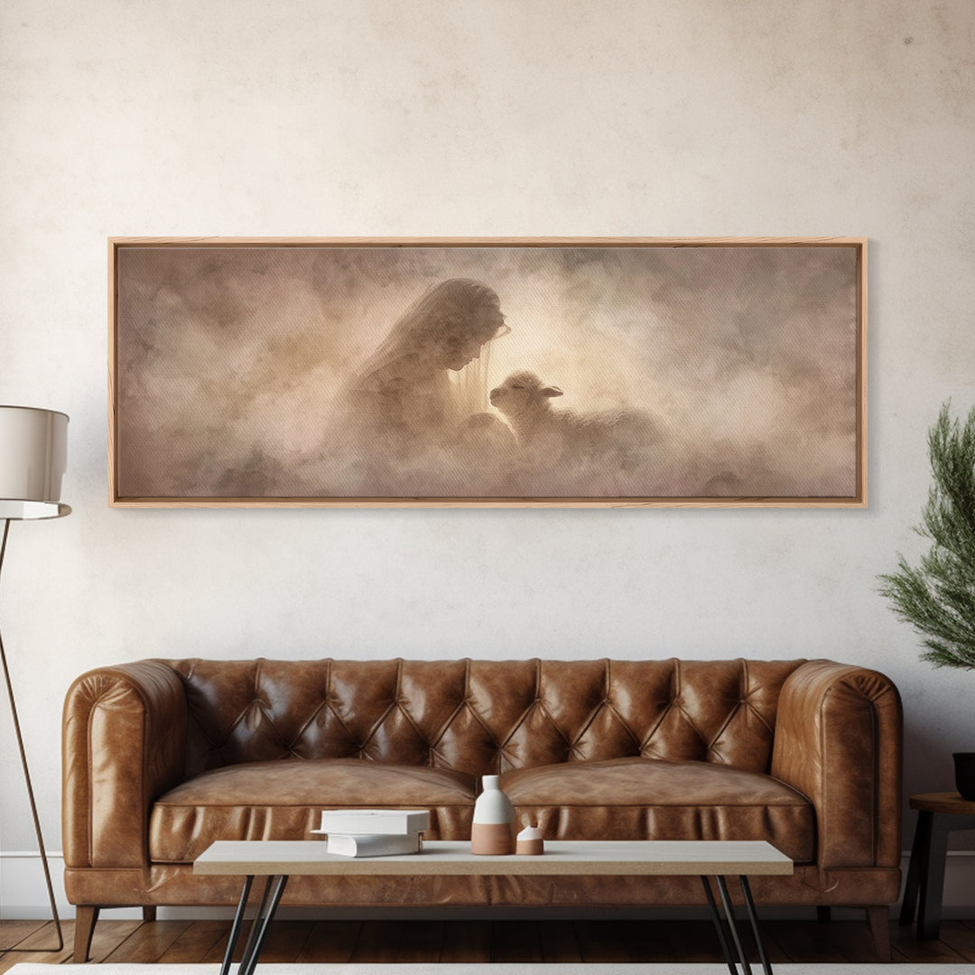 Sacred Embrace, Framed Canvas Print, Christian Christmas Art, Panoramic Painting, Christian Wall Art, Framed Christian Art, Christmas Art