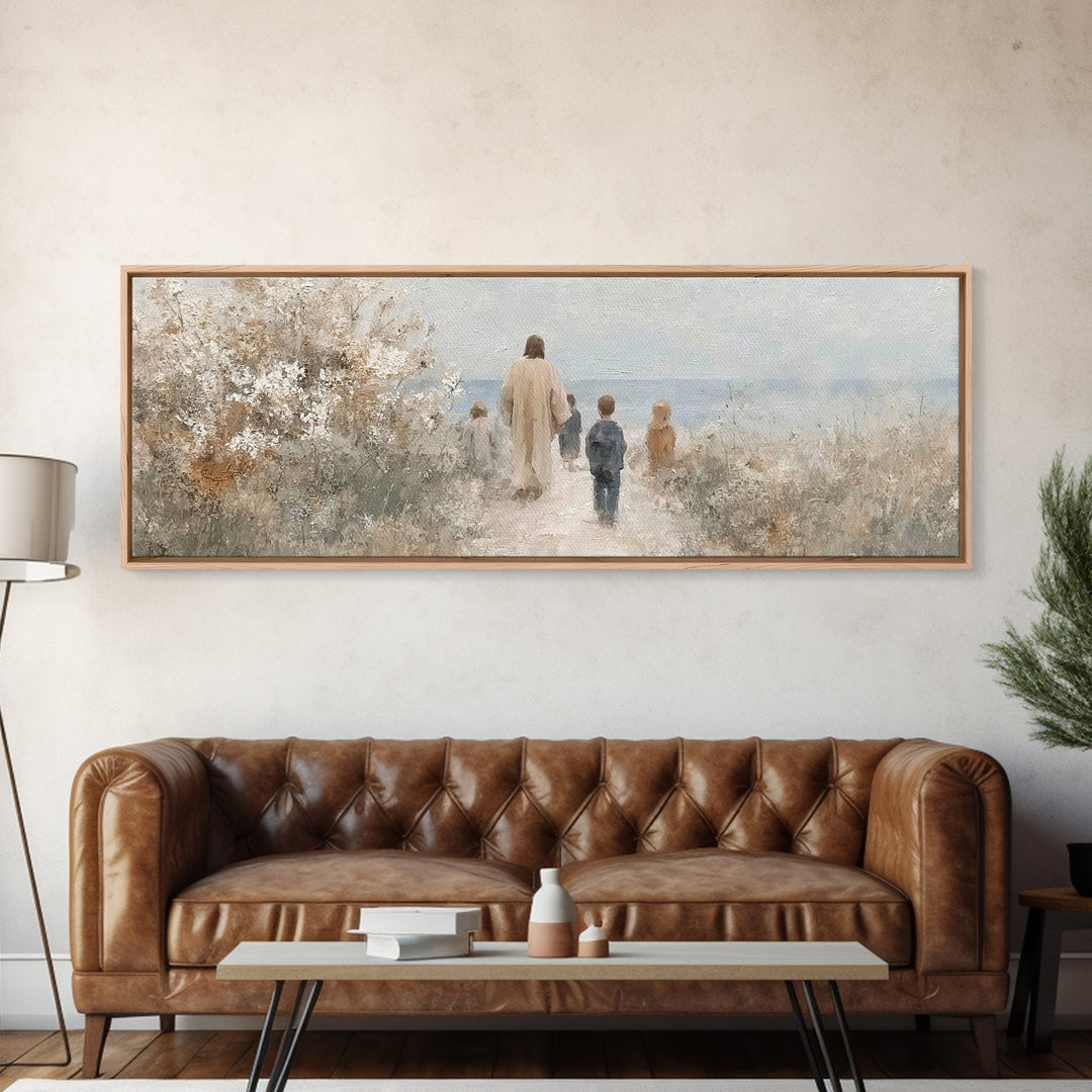 Silent Footsteps, Framed Canvas Print, Christian Art Canvas, Panoramic Painting, Jesus Wall Art, Christian Art Gift, Christmas Art