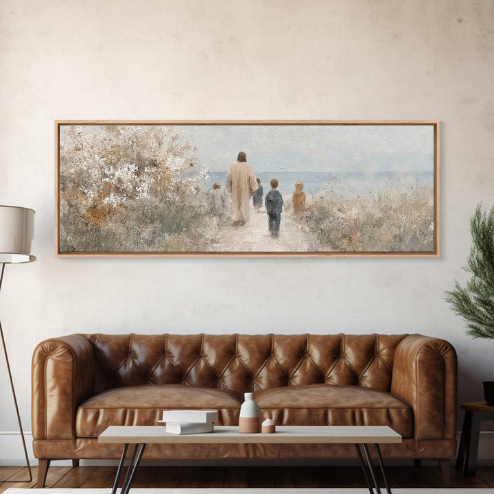 Silent Footsteps, Framed Canvas Print, Christian Art Canvas, Panoramic Painting, Jesus Wall Art, Christian Art Gift, Christmas Art