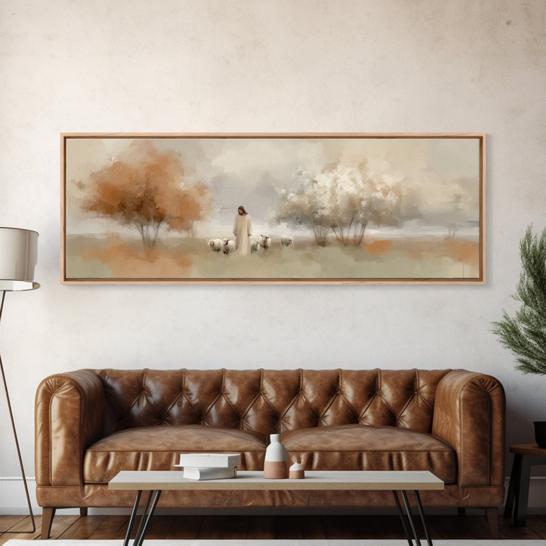 Shepherd’s Haven – Framed Canvas Print – Christian Art Canvas – Panoramic Wall Art – Jesus Painting – Christian Gift Ideas – Christmas Art