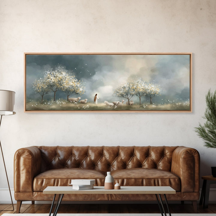 Radiant Shepherd Light – Framed Canvas Print – Christian Art Canvas – Panoramic Painting – Jesus Wall Art – Christian Christmas Art