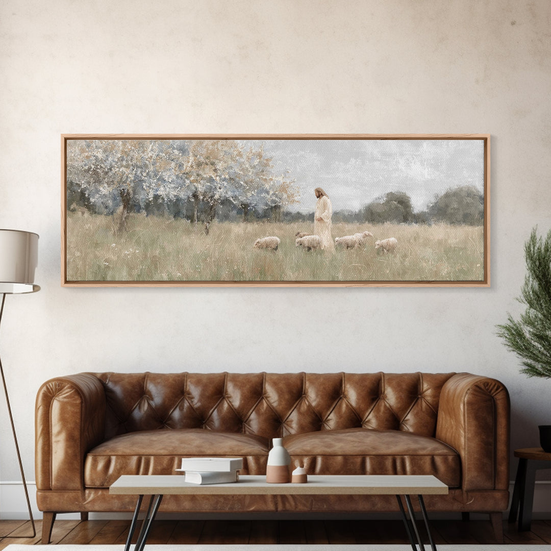 Heavenly Pastures | Framed Canvas Print | Christian Wall Art | Panoramic Art | Jesus Painting | Christian Art Canvas | Christmas Art