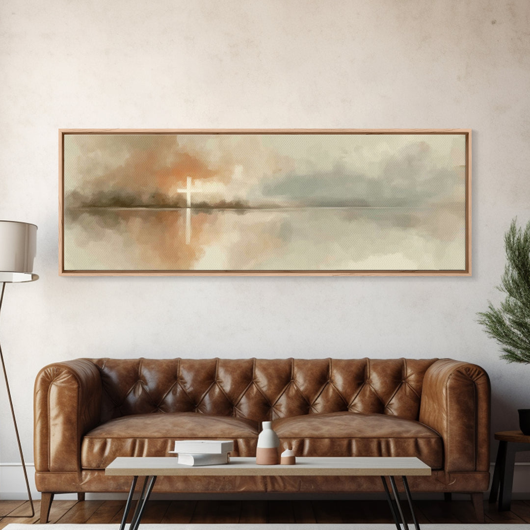 Cross Of Dawn, Framed Canvas Print, Panoramic Painting, Christian Art Canvas, Christian Wall Art, Minimalist Christian Art, Christmas Art