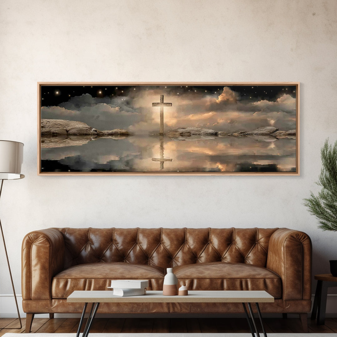 Night Of The Cross – Framed Canvas Print – Panoramic Wall Art – Christian Art Canvas – Christian Painting – Christmas Art – Christian Decor