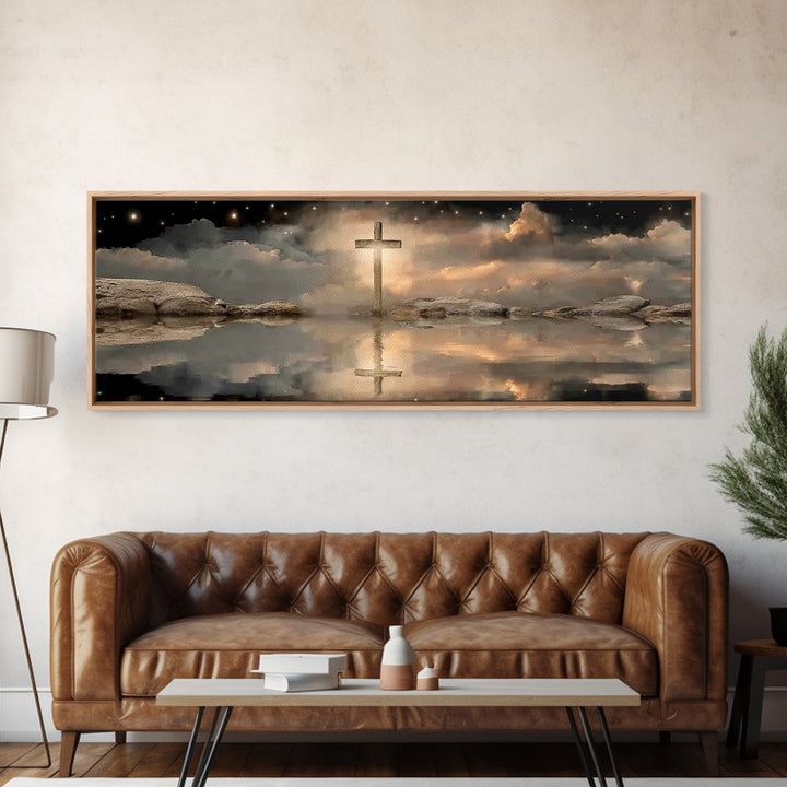 Night Of The Cross – Framed Canvas Print – Panoramic Wall Art – Christian Art Canvas – Christian Painting – Christmas Art – Christian Decor