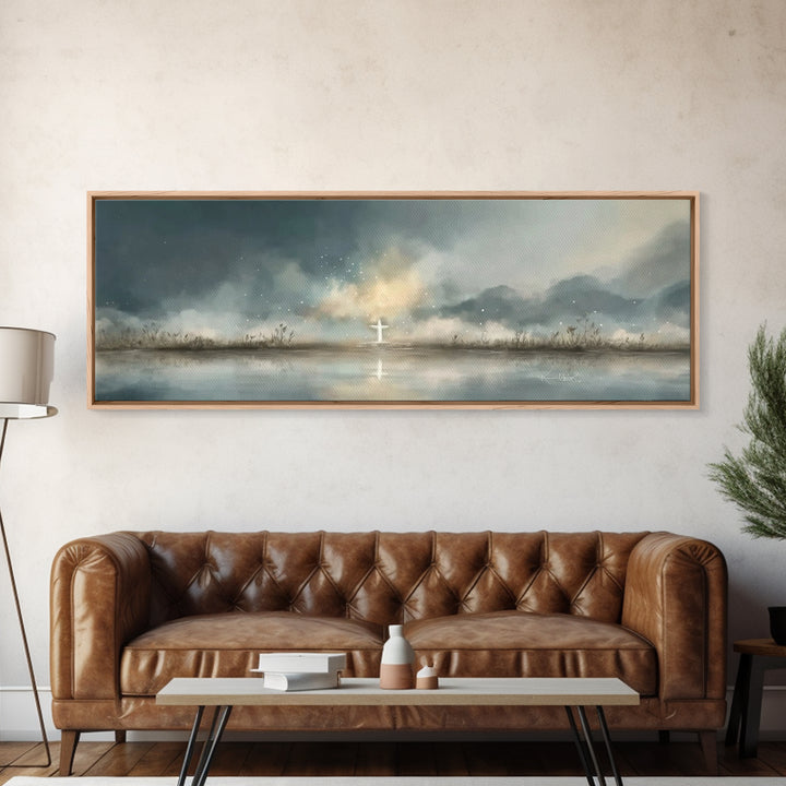 Cross At Horizon | Framed Canvas Print | Panoramic Print | Christian Art Canvas | Christian Wall Art | Minimalist Christian Art | Christmas