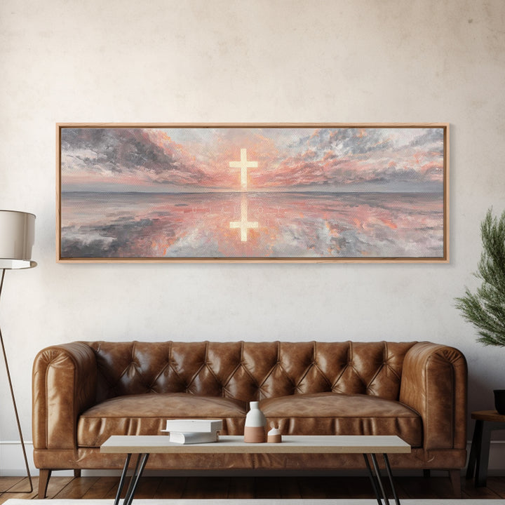 Radiant Cross Sky | Framed Canvas Print | Christian Art Canvas | Panoramic Wall Art | Christian Painting | Christian Decor | Christmas Art