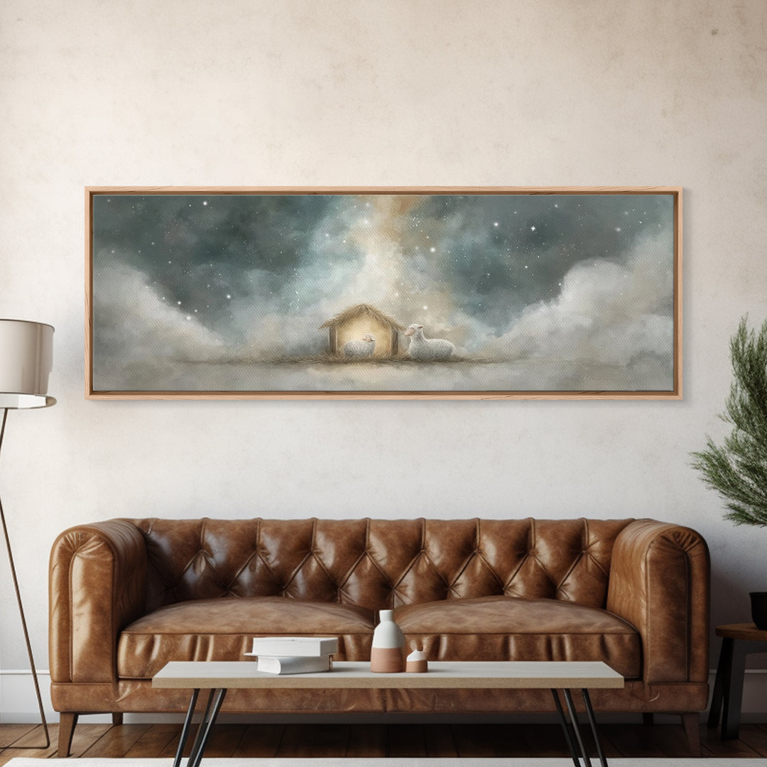 Starry Holy Night, Framed Canvas Print, Christian Wall Art, Panoramic Painting, Christian Christmas Art, Christian Art Print, Jesus Canvas