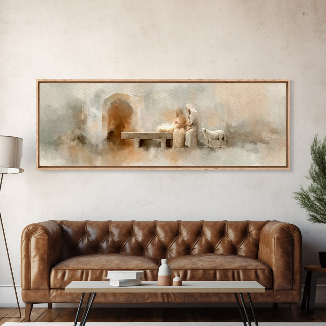 Sacred Manger Light – Framed Canvas Print – Christmas Art – Panoramic Frame – Christian Christmas Decor – Christian Painting – Christian Ar