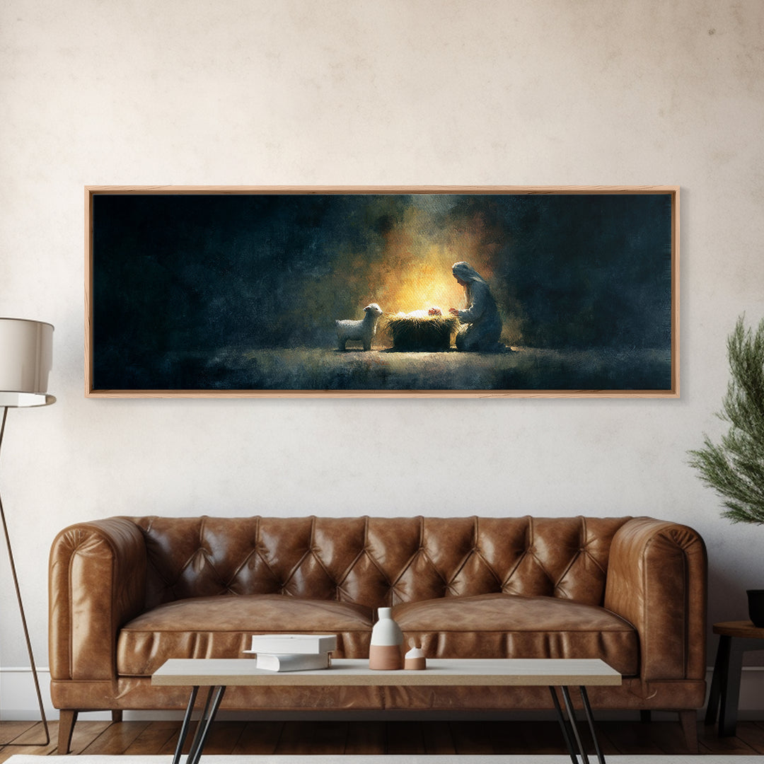 Silent Nativity Glow – Framed Canvas Print – Panoramic Art – Christian Wall Art – Christmas Art – Christian Art Print – Jesus Christmas Art