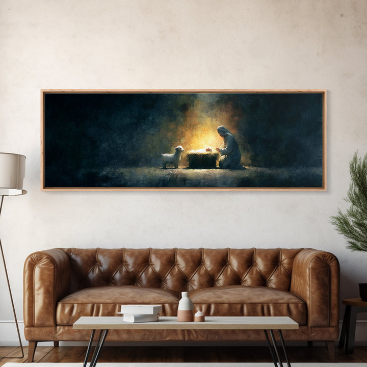 Silent Nativity Glow – Framed Canvas Print – Panoramic Art – Christian Wall Art – Christmas Art – Christian Art Print – Jesus Christmas Art