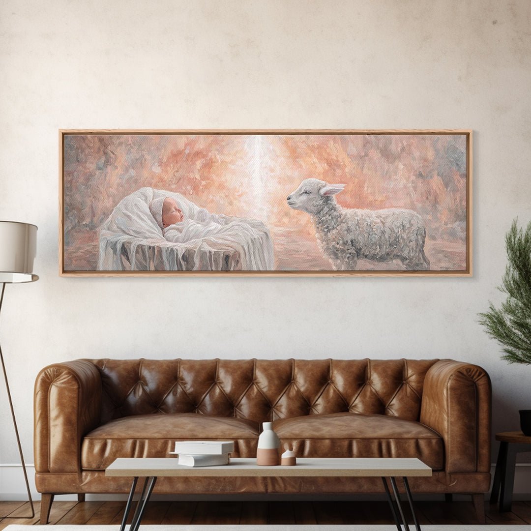 Lamb Of Light – Framed Canvas Print – Christian Art Canvas – Panoramic Wall Art – Christian Christmas Art – Jesus Art Print – Christian Dec